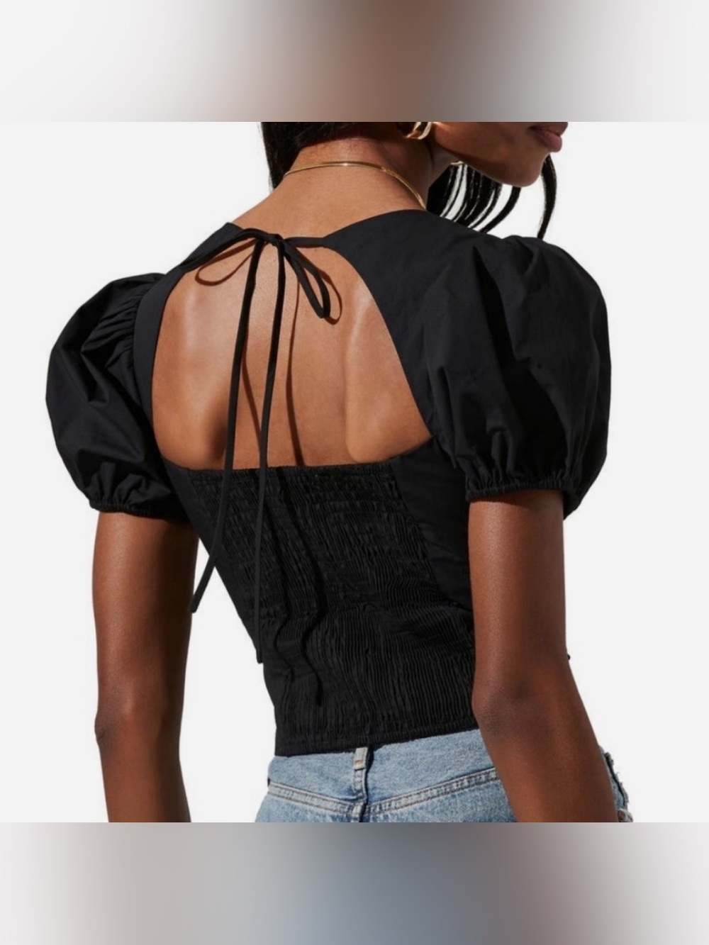 ASTR The Label Lace-Trim Corset Puff Sleeve Pintuck Open Back Black Crop Top XS - Picture 2 of 11